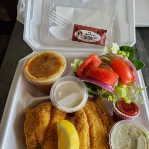 Fried Fish - 5 Shrimps, 2 Large well-seasoned catfish filets, with baked potato or fries, salad w/dessert